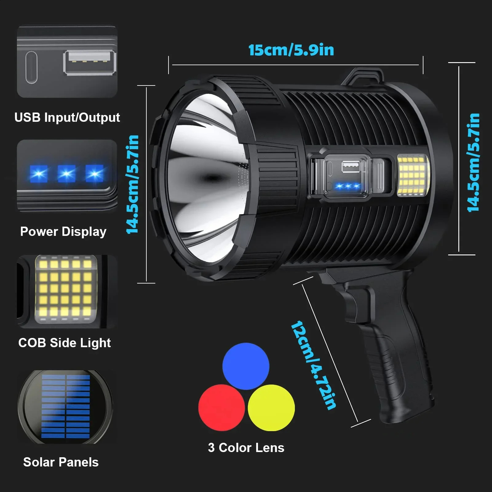 Rechargeable Spotlight 900000 Lumens Led Spot Lights Handheld Large Flashlight Super Bright Outdoor Solar Spotlights Searchlight 260813 - view 5