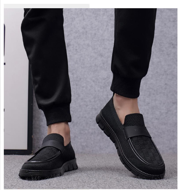 Men Black Knitted Slip On Loafers Casual Breathable Walking Shoes Thick Sole Comfortable Business Casual Daily Wear Footwear - view 7
