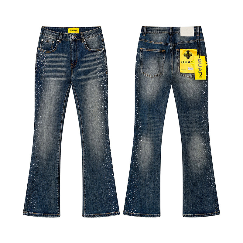 Designer men jeans GUAPI Fashion Brand Washed Distressed Slightly Stretchy European and American Street Style Micro Flare Jeans for Men - view 3