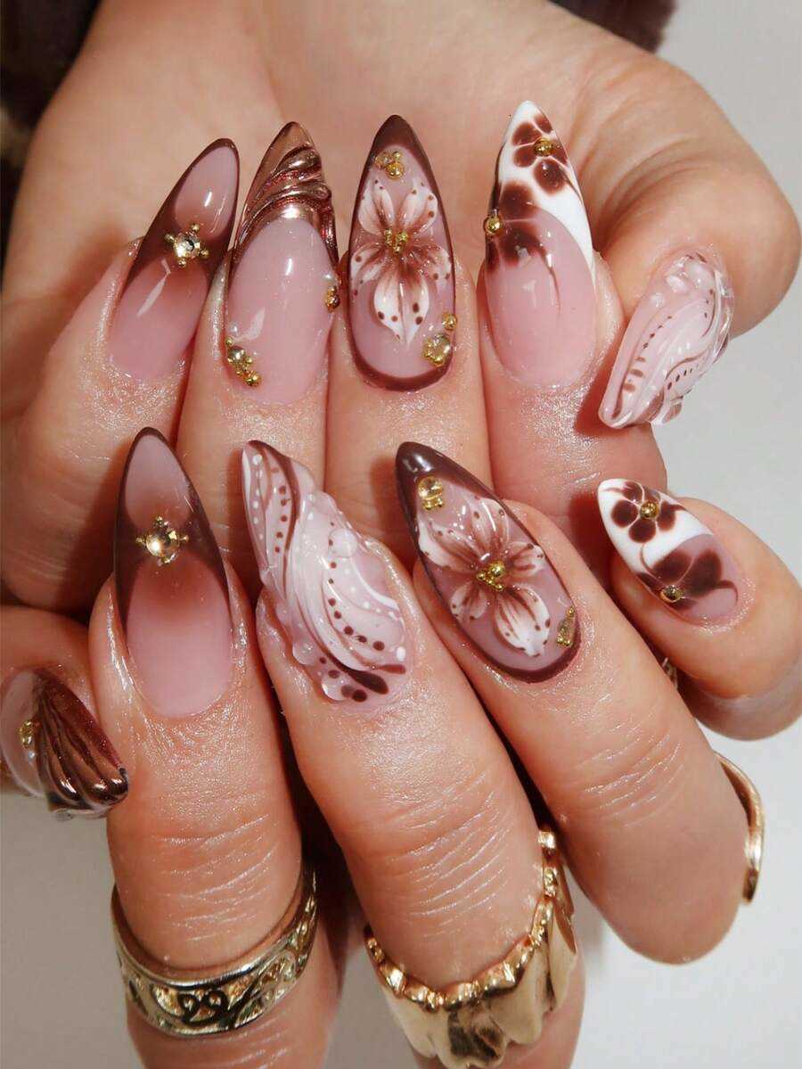 24 Pezzi Adesivi Per Unghie French Manicure Forma Media A Mandorla Linea Florea…