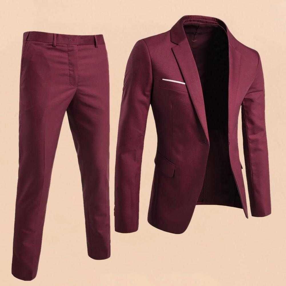 2Pcs/Set Men Slim Fit Suit Set Lapel Long Sleeve Single Button Suit Coat Mid-rise Long Pants Set Solid Color Business Outfit L260815 - view 1