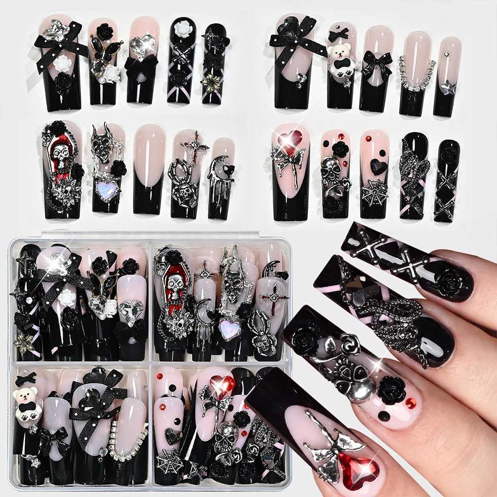 96pcs Gothic Halloween Press On Nail 3D Metallic Skull Spider Cross Butterfly Design False Nails Black French Y2k Fake Nail Tips Z260814