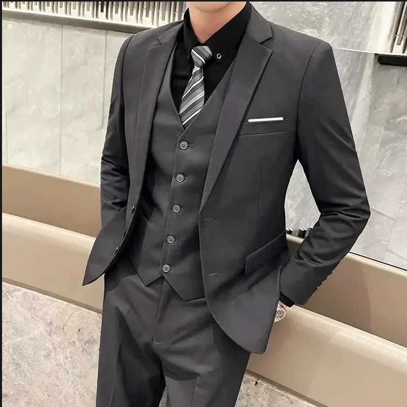 Suit (Blazer+ Vest + Trousers) Men's Fashionable Gentleman Business British Style Solid-color Banquet Host Casual Wedding Suit L260815 - view 6