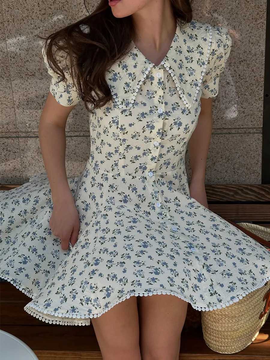 Floral Bornladies 2026 Summer New Short Sleeve Dress Women's Elegant Slim Fit Sweet Button Front Puff Sleeves Mini Dress L260815 - view 6