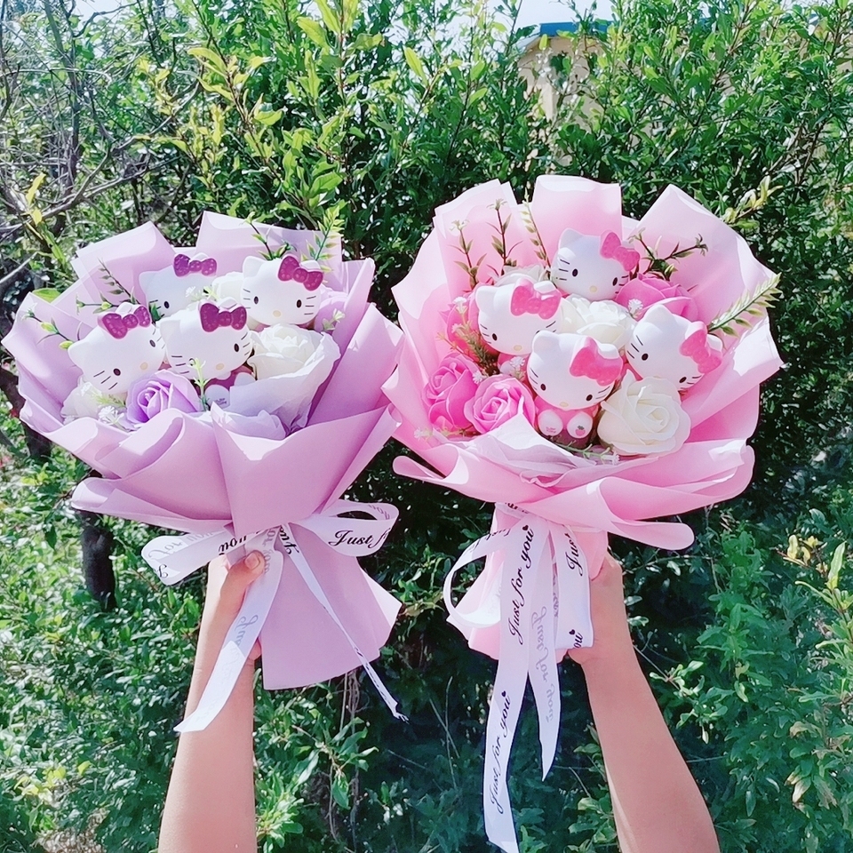 Hello Kitty Cartoon Plush Bouquet Anime Rose Flowers Doll Home Wedding Decoration Christmas Valentine's Day Gift