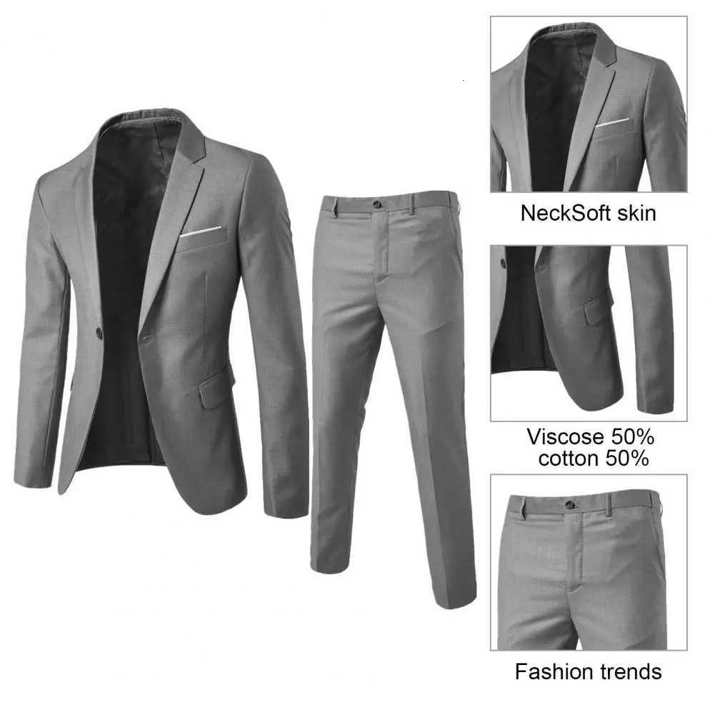 2Pcs/Set Men Slim Fit Suit Set Lapel Long Sleeve Single Button Suit Coat Mid-rise Long Pants Set Solid Color Business Outfit L260815 - view 5