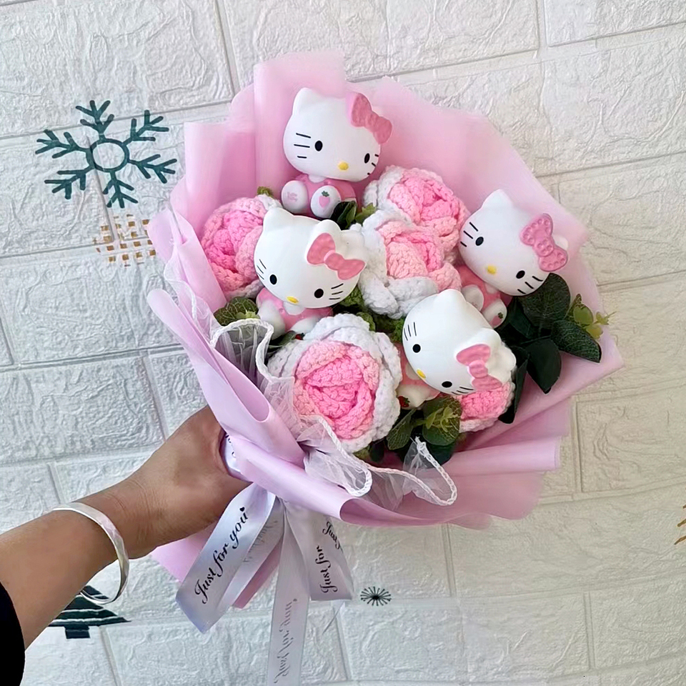 Hello Kitty Cartoon Plush Bouquet Anime Rose Flowers Doll Home Wedding Decoration Christmas Valentine's Day Gift