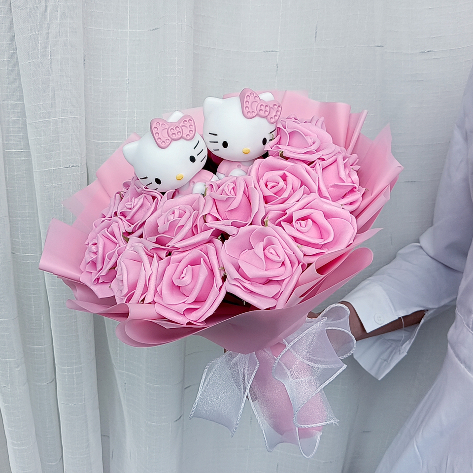 Hello Kitty Cartoon Plush Bouquet Anime Rose Flowers Doll Home Wedding Decoration Christmas Valentine's Day Gift