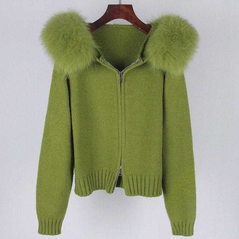 Custom Oem Fashion Fur Women's Hooded Knit Coat Jacket Female Loose Zipper Winter Oversized Cardigan Knitted Hoodie Sweater