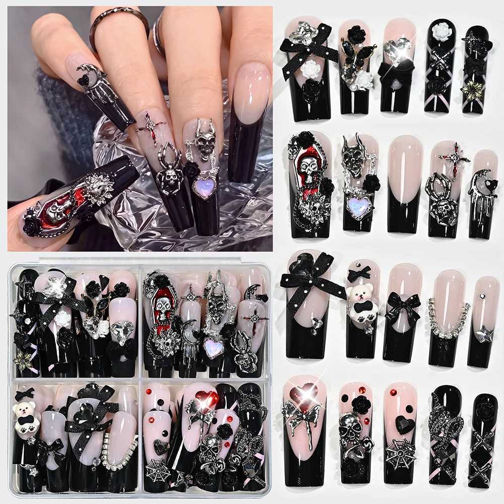 96pcs Gothic Halloween Press On Nail 3D Metallic Skull Spider Cross Butterfly Design False Nails Black French Y2k Fake Nail Tips Z260814 - view 3
