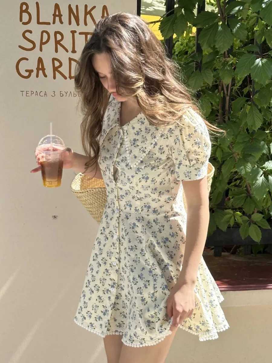 Floral Bornladies 2026 Summer New Short Sleeve Dress Women's Elegant Slim Fit Sweet Button Front Puff Sleeves Mini Dress L260815 - view 7