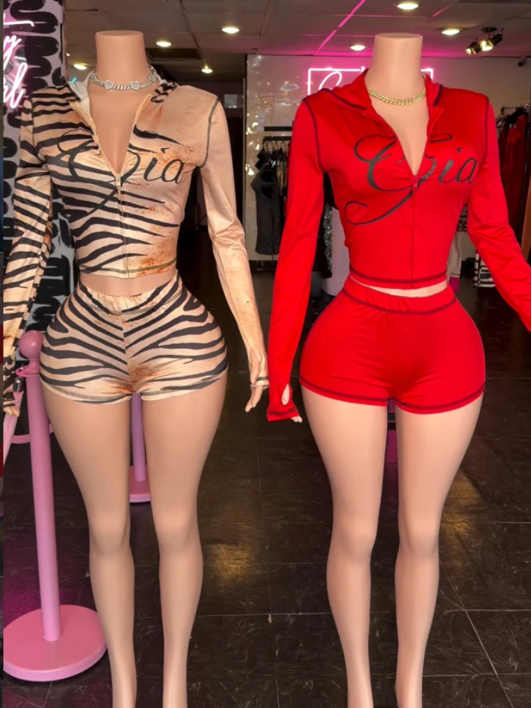Joskaa Dot Print Tracksuit Set Women Long Sleeve Crop Top Bodycon Shorts 2 Piece Outfit Y2K Aesthetic Streetwear Party Clubwear 260812