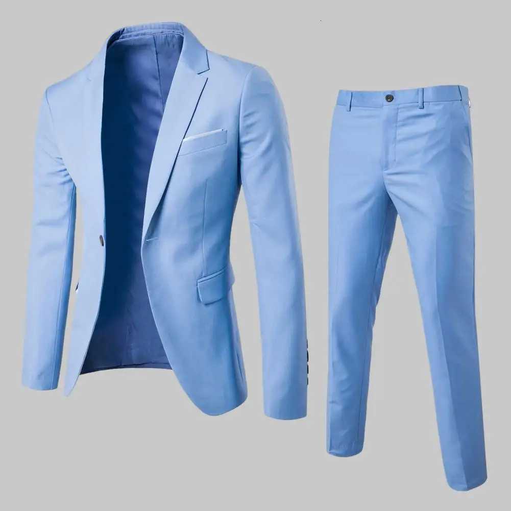 2Pcs/Set Men Slim Fit Suit Set Lapel Long Sleeve Single Button Suit Coat Mid-rise Long Pants Set Solid Color Business Outfit L260815 - view 3