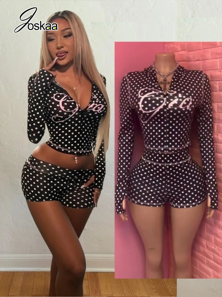 Joskaa Dot Print Tracksuit Set Women Long Sleeve Crop Top Bodycon Shorts 2 Piece Outfit Y2K Aesthetic Streetwear Party Clubwear 260812 - view 4