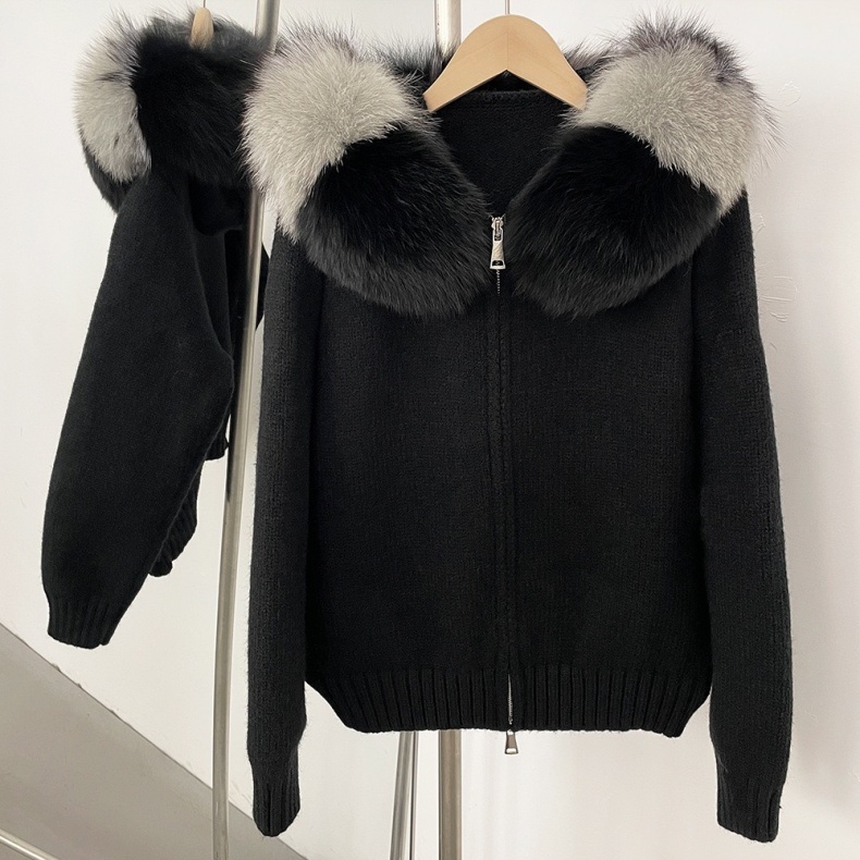 Custom Oem Fashion Fur Women's Hooded Knit Coat Jacket Female Loose Zipper Winter Oversized Cardigan Knitted Hoodie Sweater