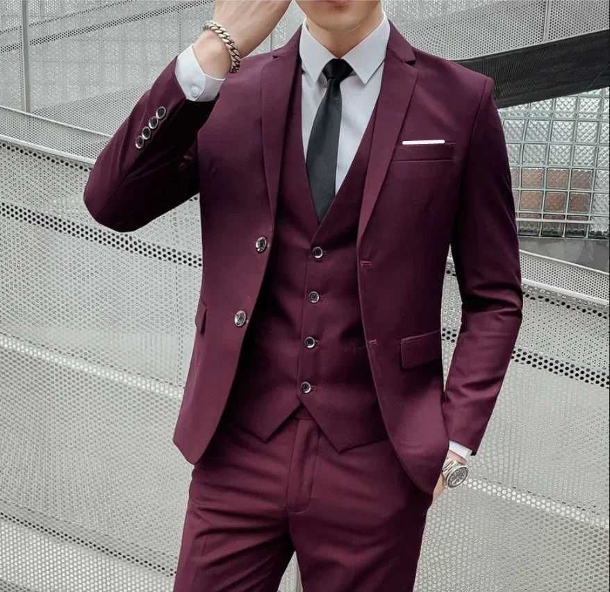 Suit (Blazer+ Vest + Trousers) Men's Fashionable Gentleman Business British Style Solid-color Banquet Host Casual Wedding Suit L260815 - view 7