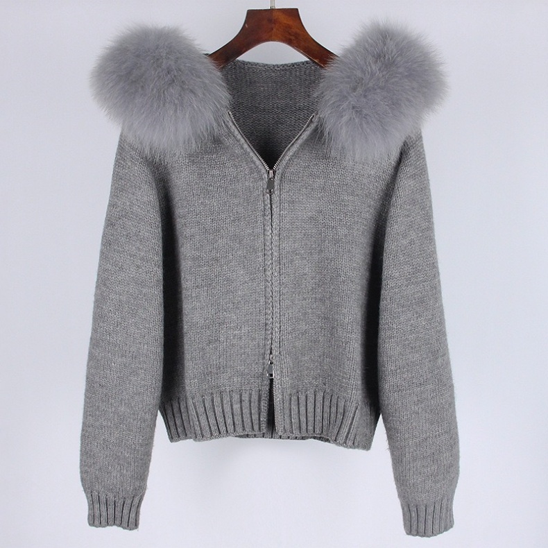 Custom Oem Fashion Fur Women's Hooded Knit Coat Jacket Female Loose Zipper Winter Oversized Cardigan Knitted Hoodie Sweater