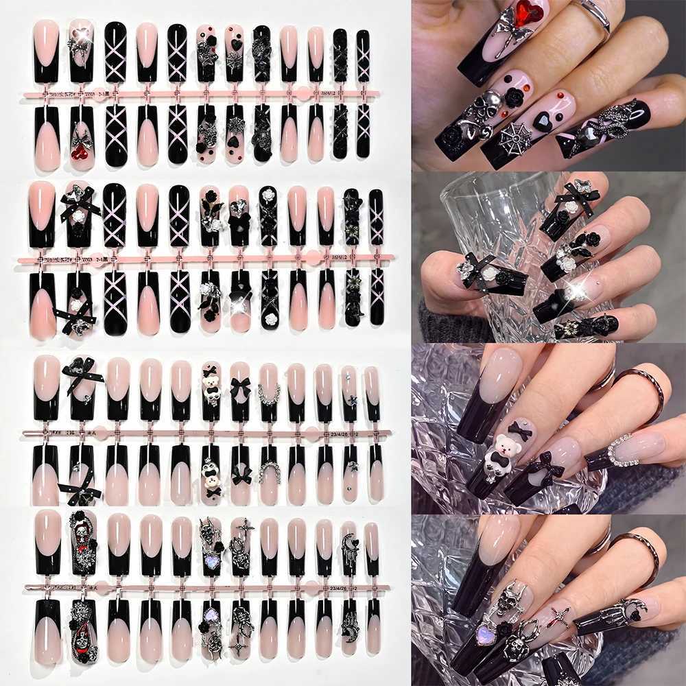 96pcs Gothic Halloween Press On Nail 3D Metallic Skull Spider Cross Butterfly Design False Nails Black French Y2k Fake Nail Tips Z260814 - view 4