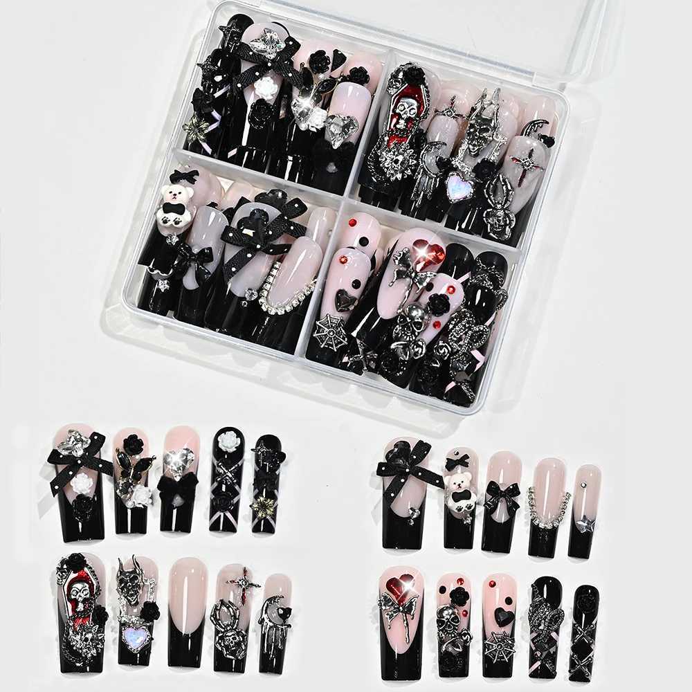 96pcs Gothic Halloween Press On Nail 3D Metallic Skull Spider Cross Butterfly Design False Nails Black French Y2k Fake Nail Tips Z260814 - view 6