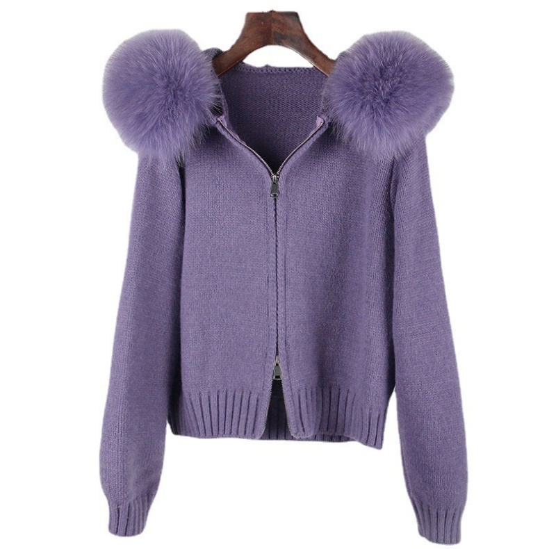 Custom Oem Fashion Fur Women's Hooded Knit Coat Jacket Female Loose Zipper Winter Oversized Cardigan Knitted Hoodie Sweater