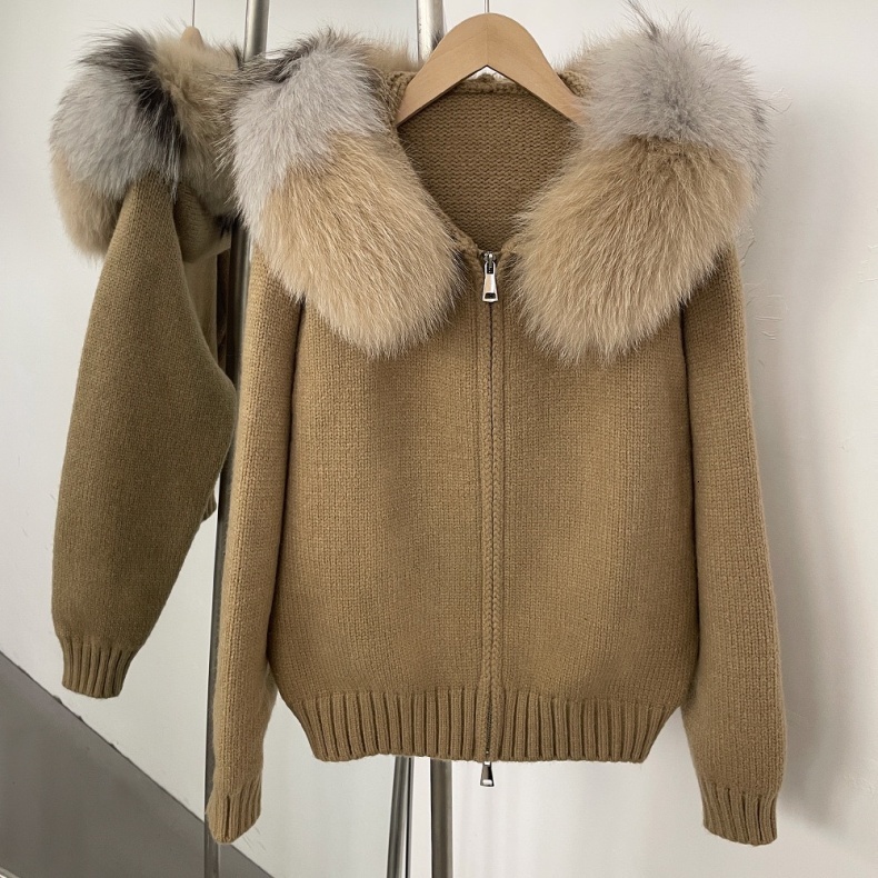 Custom Oem Fashion Fur Women's Hooded Knit Coat Jacket Female Loose Zipper Winter Oversized Cardigan Knitted Hoodie Sweater