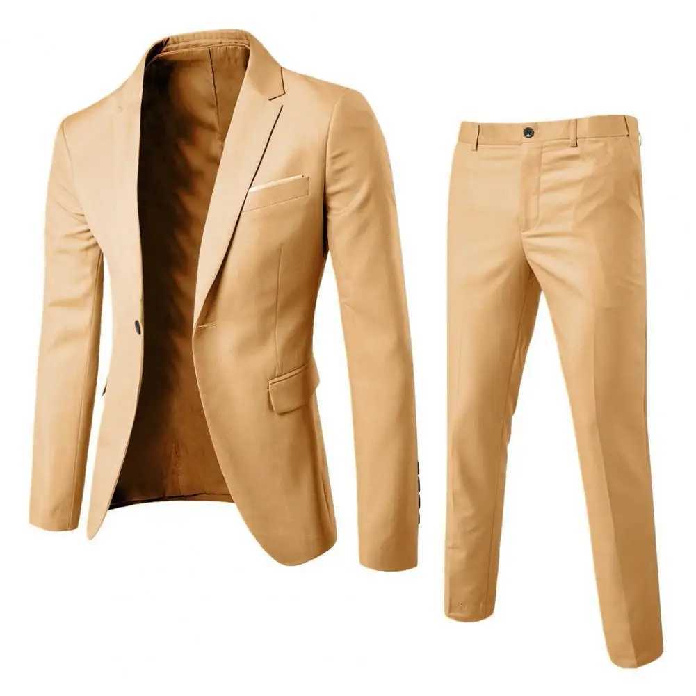 2Pcs/Set Men Slim Fit Suit Set Lapel Long Sleeve Single Button Suit Coat Mid-rise Long Pants Set Solid Color Business Outfit L260815 - view 6