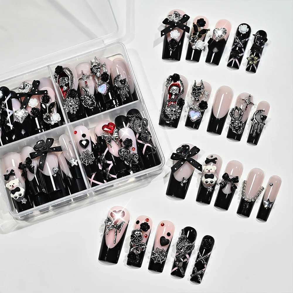 96pcs Gothic Halloween Press On Nail 3D Metallic Skull Spider Cross Butterfly Design False Nails Black French Y2k Fake Nail Tips Z260814 - view 5