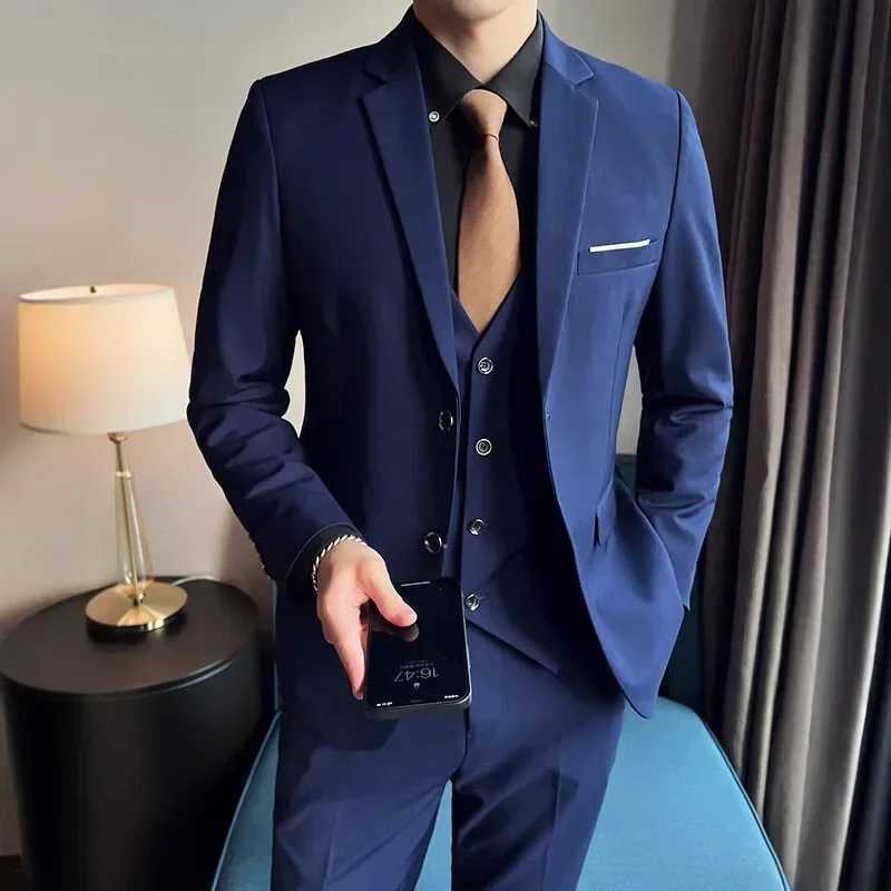 Suit (Blazer+ Vest + Trousers) Men's Fashionable Gentleman Business British Style Solid-color Banquet Host Casual Wedding Suit L260815 - view 5