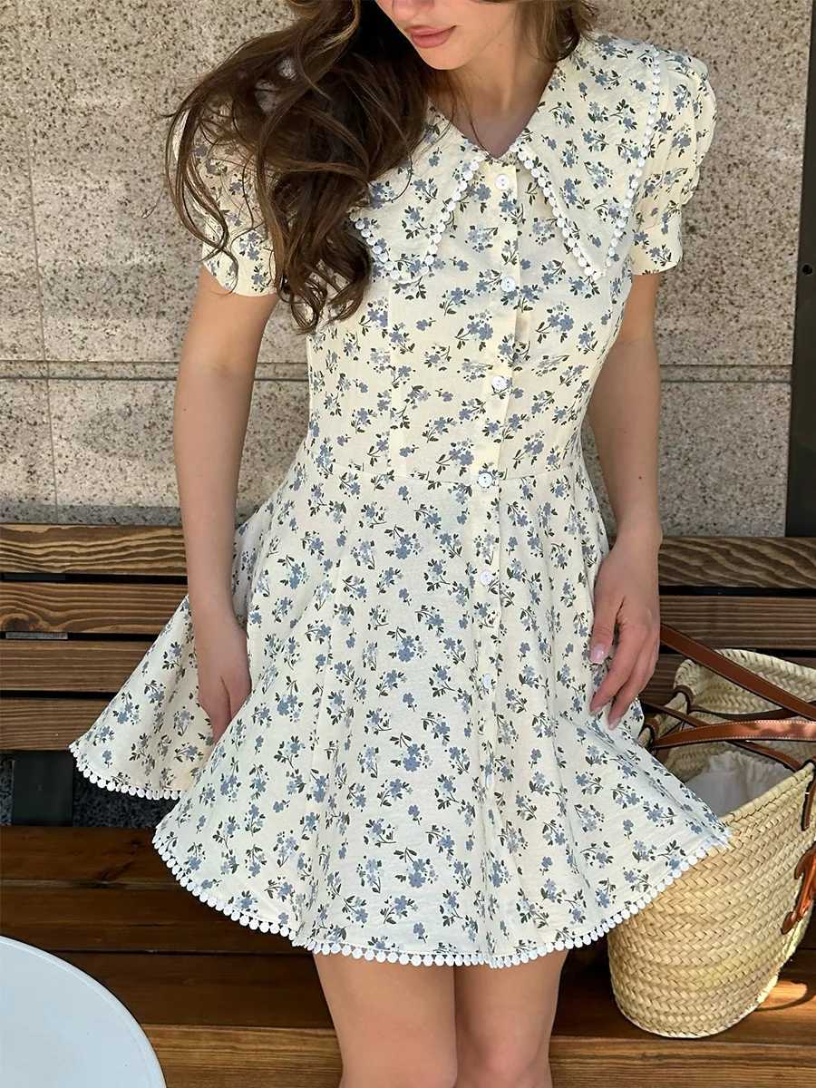 Floral Bornladies 2026 Summer New Short Sleeve Dress Women's Elegant Slim Fit Sweet Button Front Puff Sleeves Mini Dress L260815 - view 5