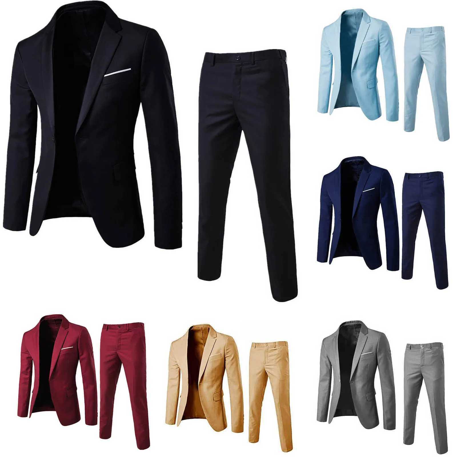 1 2 piece men s wedding suit fashion men s slim solid color business office suit sets large size men pants L260815 - view 3