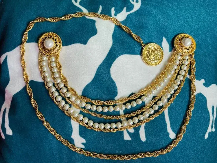 French vintage metal versatile belt chain with retro Baroque pearls and multilayered round pendant accessory 260814