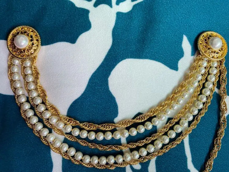 French vintage metal versatile belt chain with retro Baroque pearls and multilayered round pendant accessory 260814 - view 6