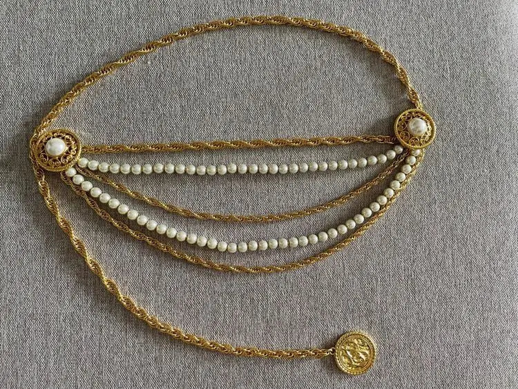 French vintage metal versatile belt chain with retro Baroque pearls and multilayered round pendant accessory 260814 - view 7