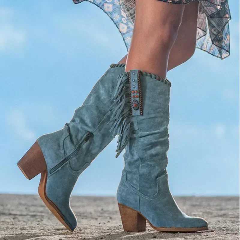 Metal Boots Trend Women High Pointed Toe Thick Heel Tassle Western Boots Female Shoes Botas De Mujer 2024 H260818 - view 6