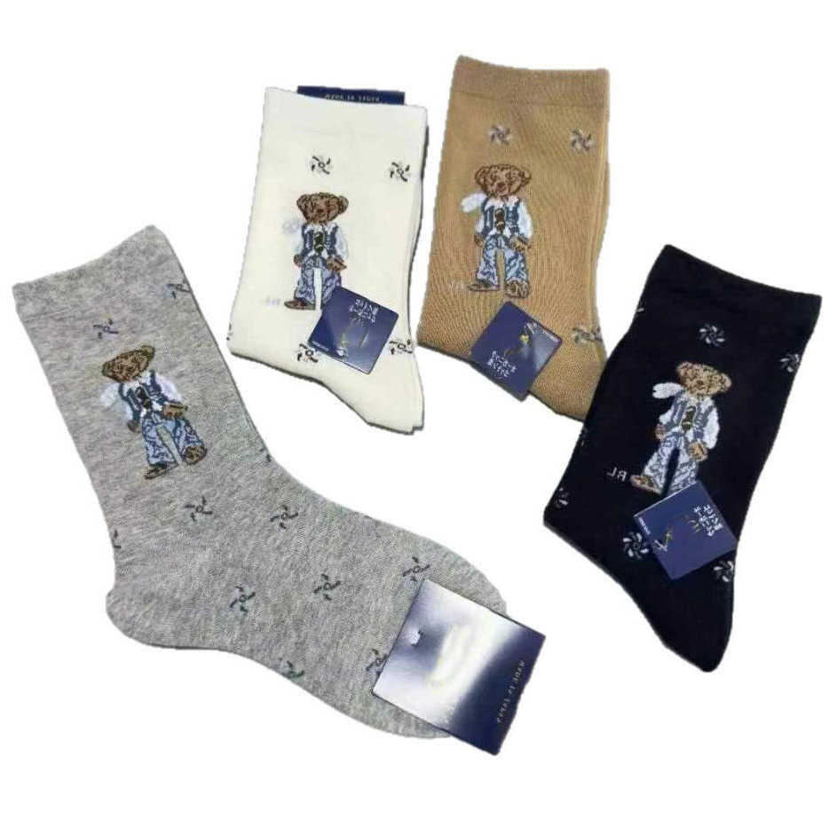 Men Designer Women Breathable Cotton Long PoloSocks Solid Double-needle Vertical Calf Knee-length Stockings Female Lady Bear RF Socks D260818