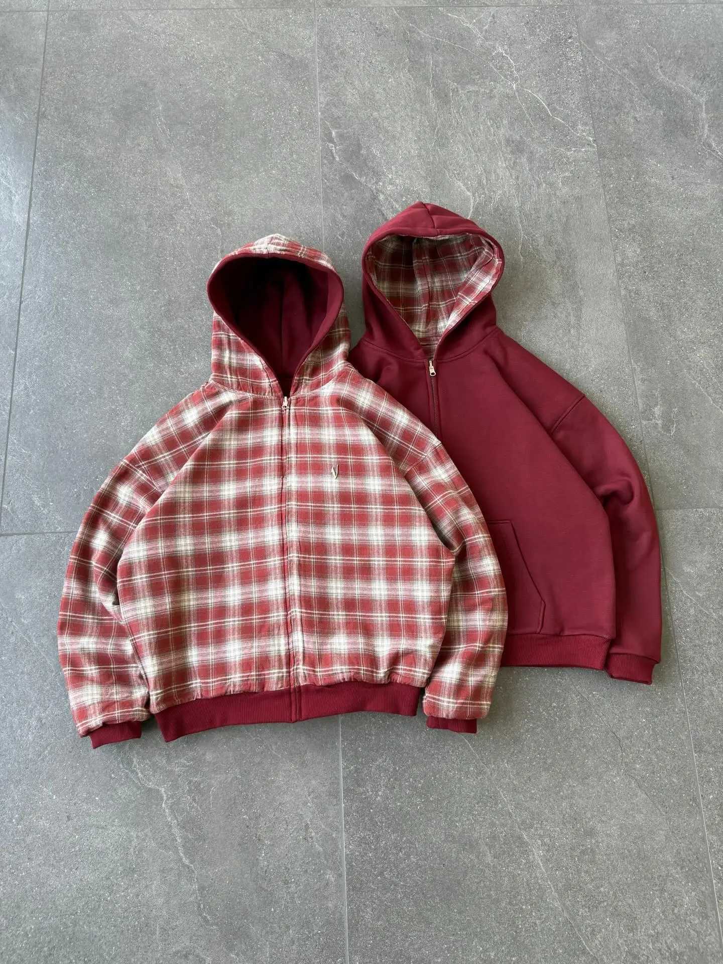 Grey Casual Spring Oversized Reversible Hoodies Women Men Streetwear Clothes Hoodie With Plaid Lining Sweatshirt Streetwear Tops T260818 - view 3