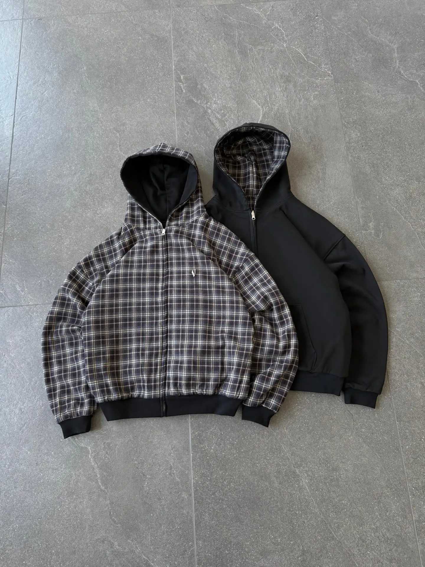 Grey Casual Spring Oversized Reversible Hoodies Women Men Streetwear Clothes Hoodie With Plaid Lining Sweatshirt Streetwear Tops T260818 - view 5