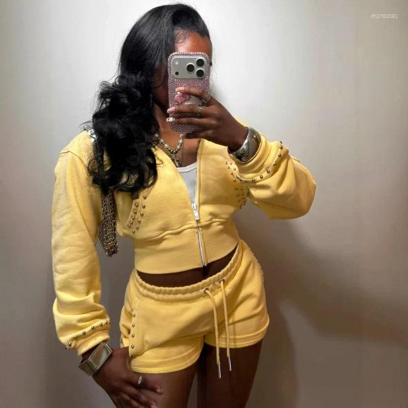 Tracksuit Matching Set Women Cropped Hoodie Sweatshirts hoodrich Women Studded Crop Sweatshirt Shorts Set Full Zip Collar Top High Waist Short femme S - view 3