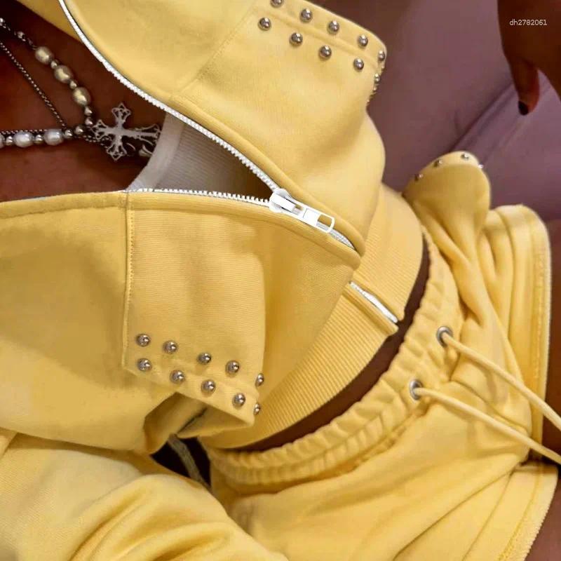 Tracksuit Matching Set Women Cropped Hoodie Sweatshirts hoodrich Women Studded Crop Sweatshirt Shorts Set Full Zip Collar Top High Waist Short femme S - view 5