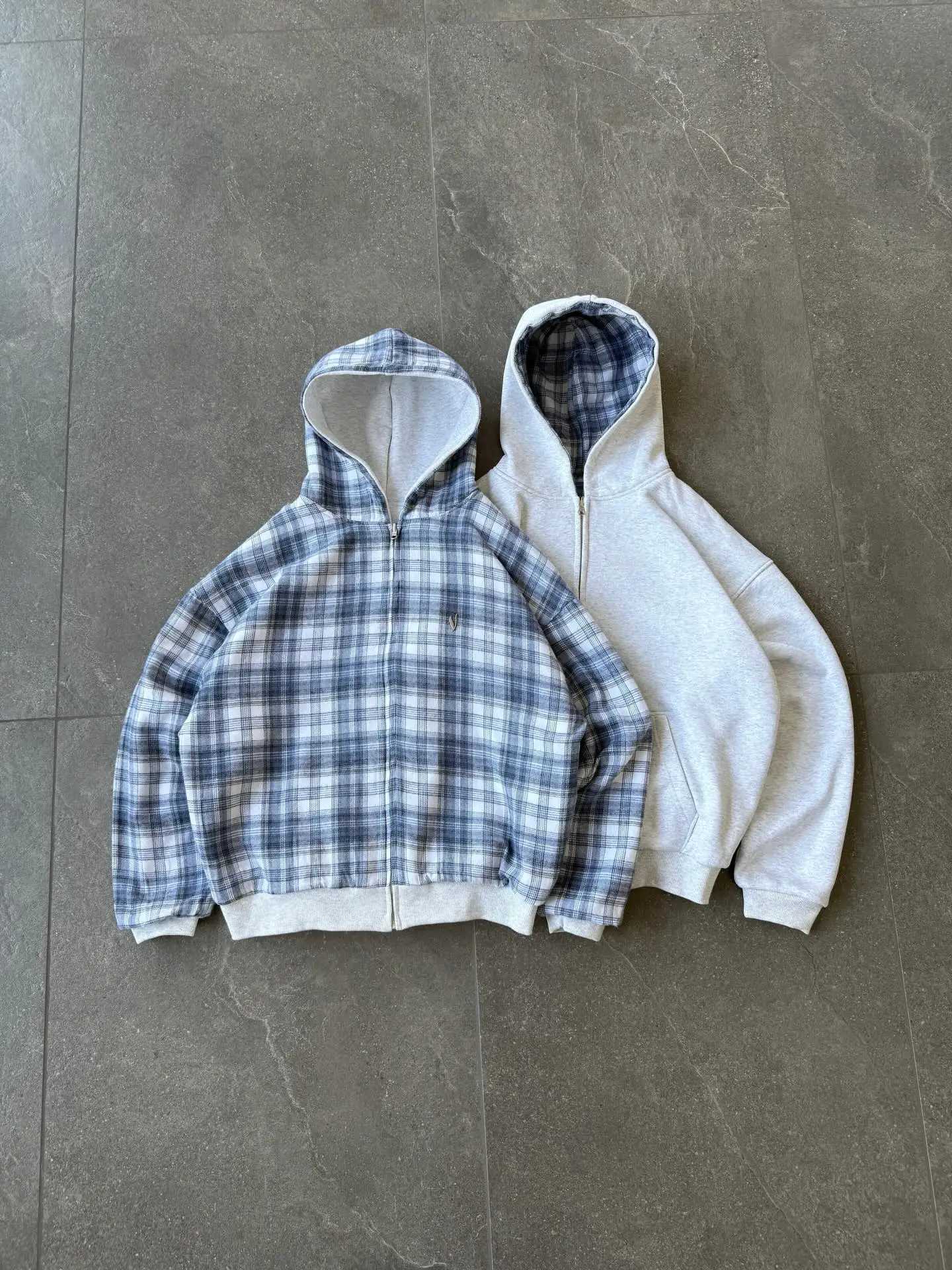Grey Casual Spring Oversized Reversible Hoodies Women Men Streetwear Clothes Hoodie With Plaid Lining Sweatshirt Streetwear Tops T260818 - view 4