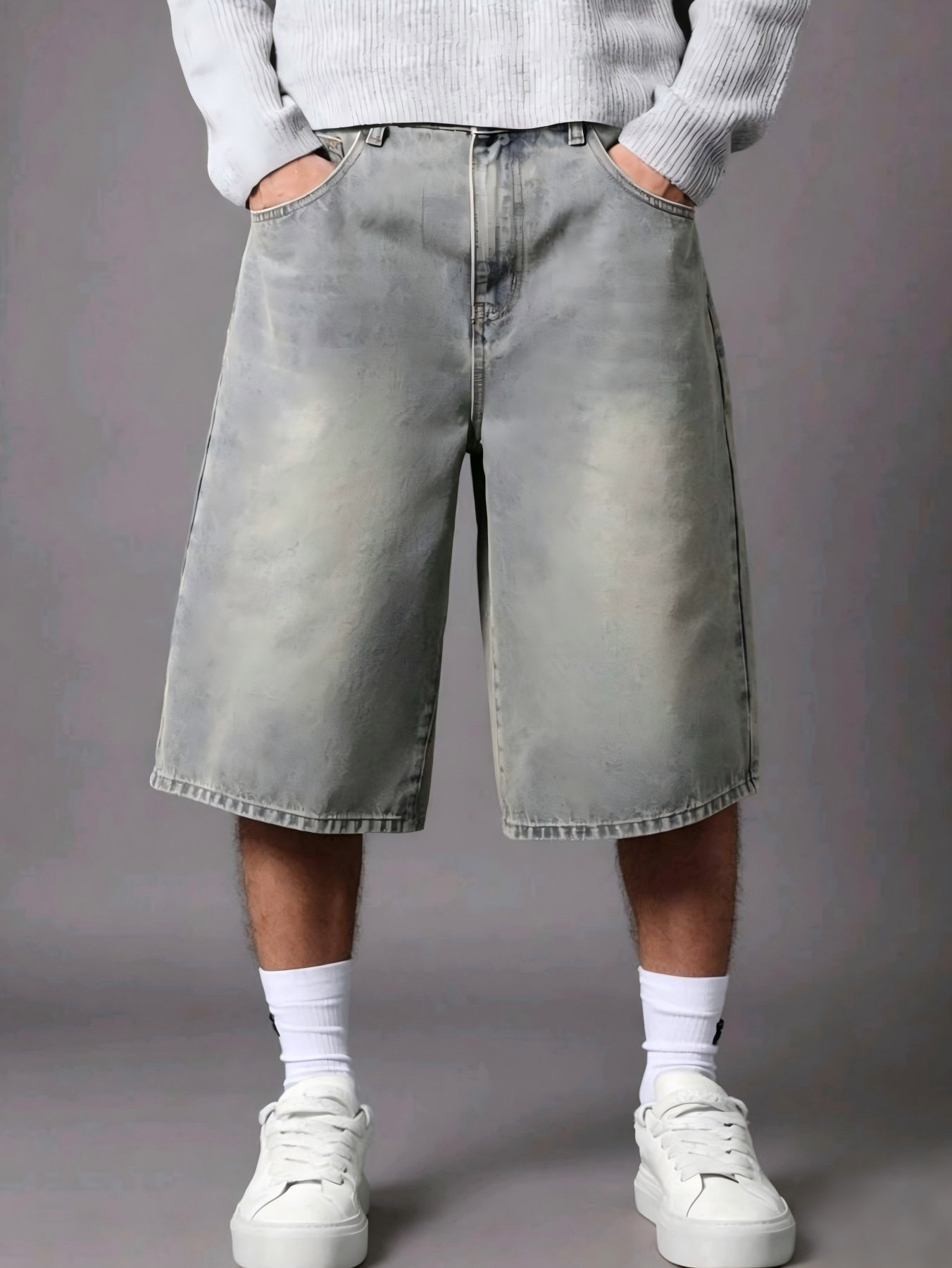 Designer foreign trade European American street fashion shorts, personalized straight-leg 6-point denim mid-length pants for men, trendy and versatile