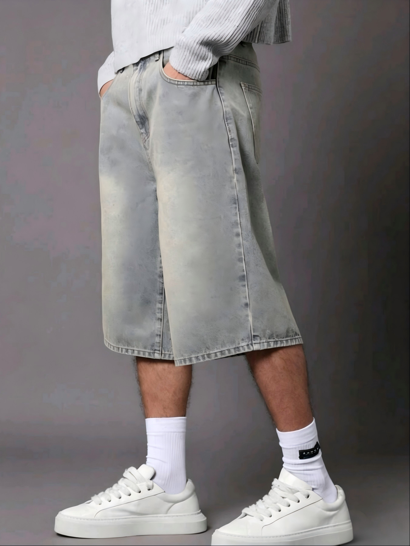Designer foreign trade European American street fashion shorts, personalized straight-leg 6-point denim mid-length pants for men, trendy and versatile - view 3