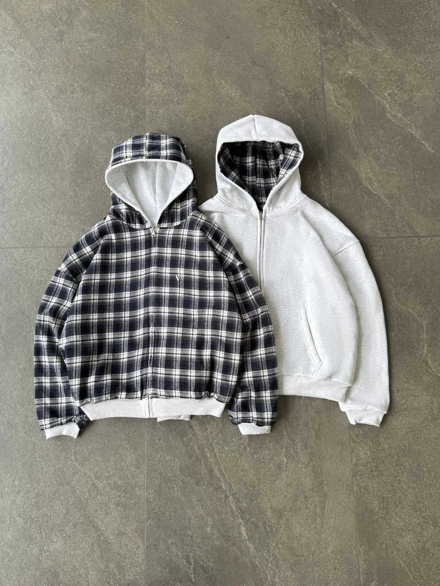 Grey Casual Spring Oversized Reversible Hoodies Women Men Streetwear Clothes Hoodie With Plaid Lining Sweatshirt Streetwear Tops T260818