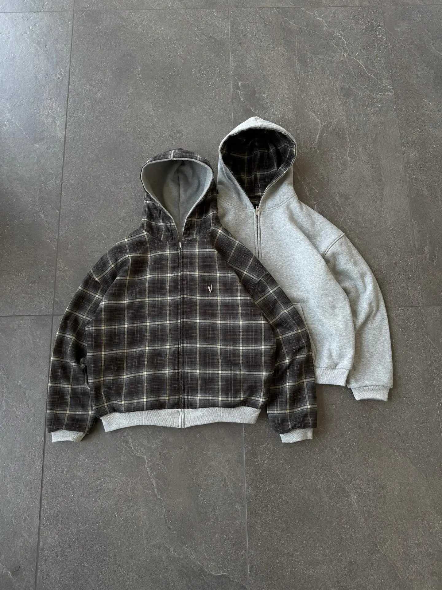 Grey Casual Spring Oversized Reversible Hoodies Women Men Streetwear Clothes Hoodie With Plaid Lining Sweatshirt Streetwear Tops T260818 - view 6