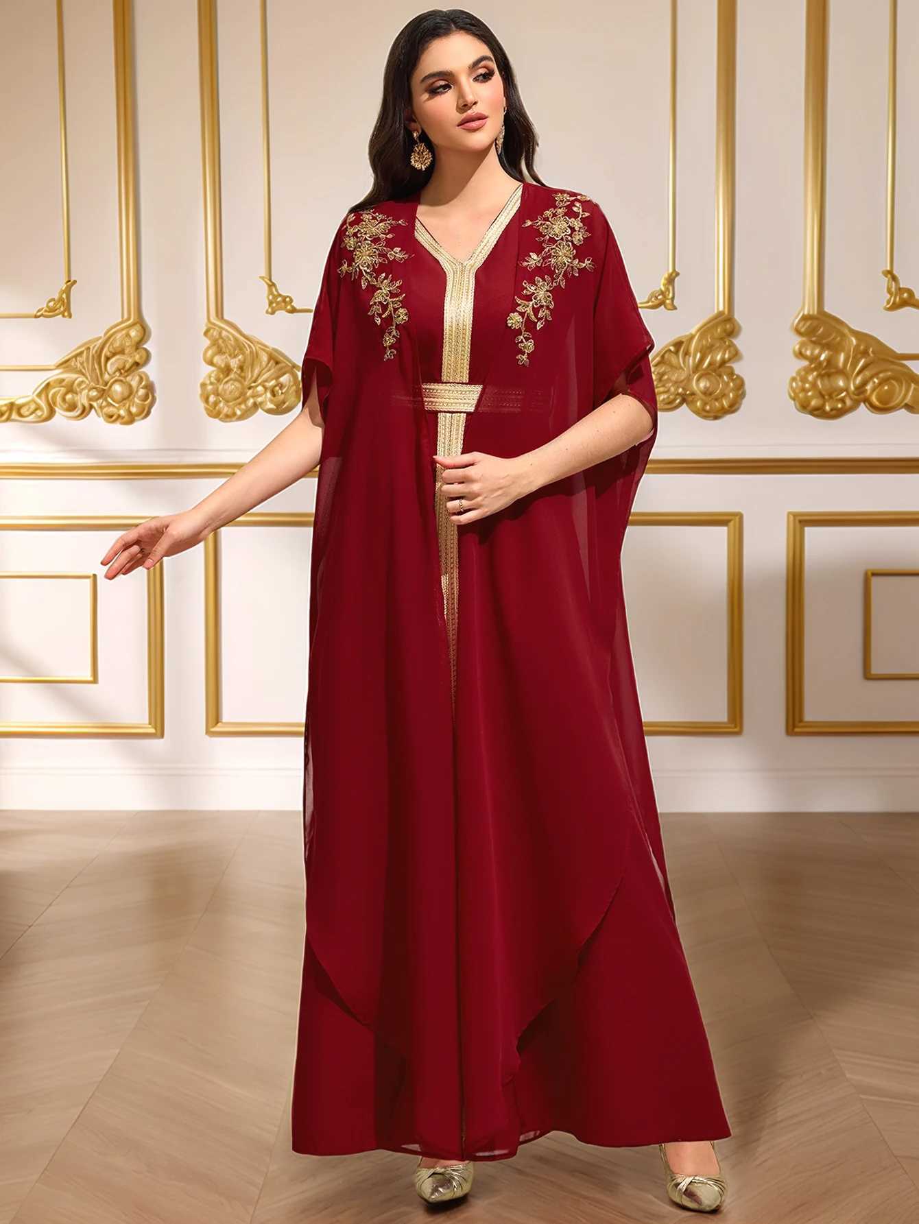 Luxury Burgundy Heavy Gold-Embroidered Arabic Abaya Cape-Sleeve Open-Front Dress Banquet / Party Gown Z260819 - view 7