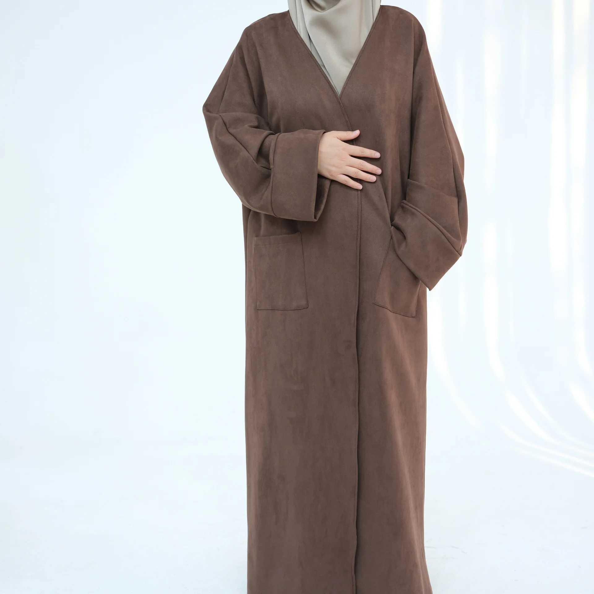 Winter Suede Open Abaya Kimono Cardigan Muslim Warm Coat Tunics and Abayas for Women Dubai Luxury Kaftan Autumn Islamic Clothing C2601027 - view 3