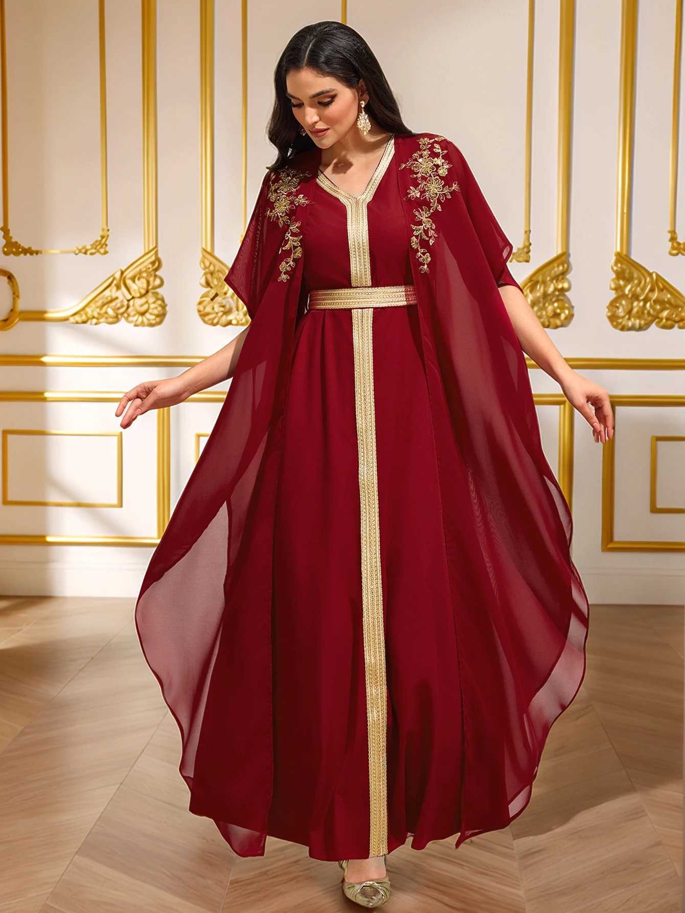 Luxury Burgundy Heavy Gold-Embroidered Arabic Abaya Cape-Sleeve Open-Front Dress Banquet / Party Gown Z260819