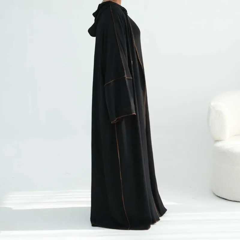 New Eid Women Muslim Open Abaya With Hooded Full Sleeves Loose Lace Cardigan Long Robe Islam Modest Outfit Z260819 - view 4