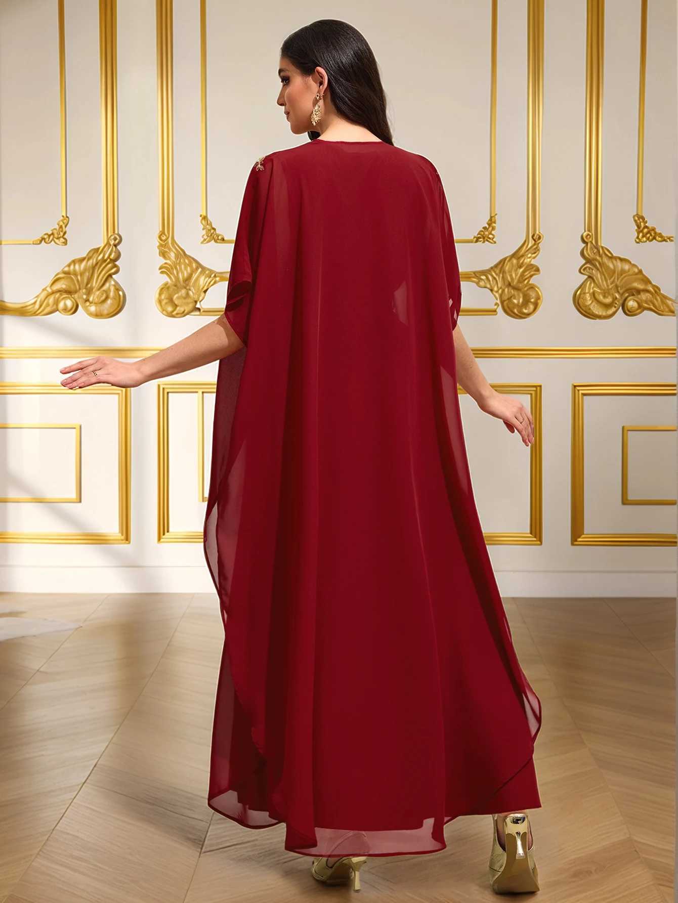 Luxury Burgundy Heavy Gold-Embroidered Arabic Abaya Cape-Sleeve Open-Front Dress Banquet / Party Gown Z260819 - view 3