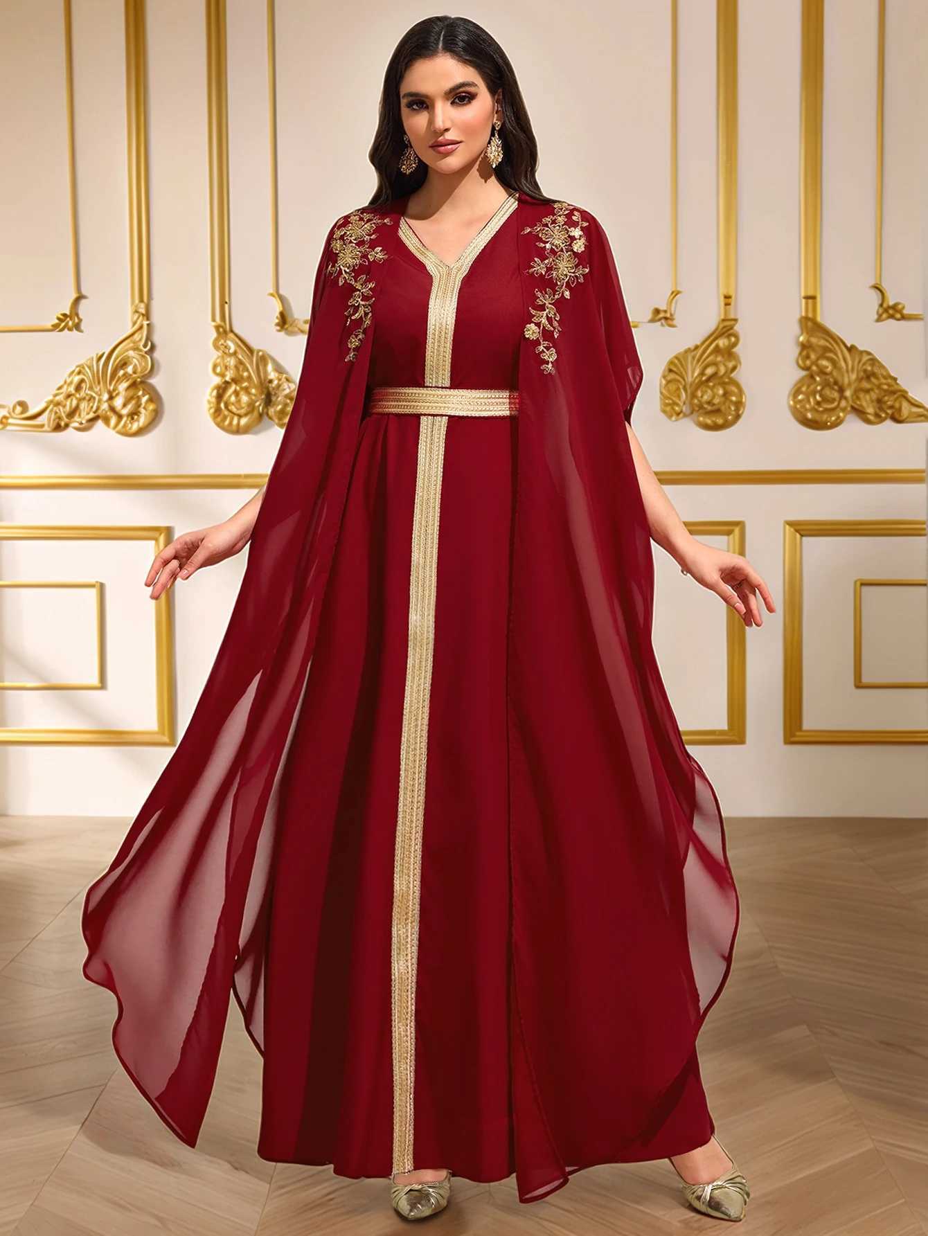 Luxury Burgundy Heavy Gold-Embroidered Arabic Abaya Cape-Sleeve Open-Front Dress Banquet / Party Gown Z260819 - view 6